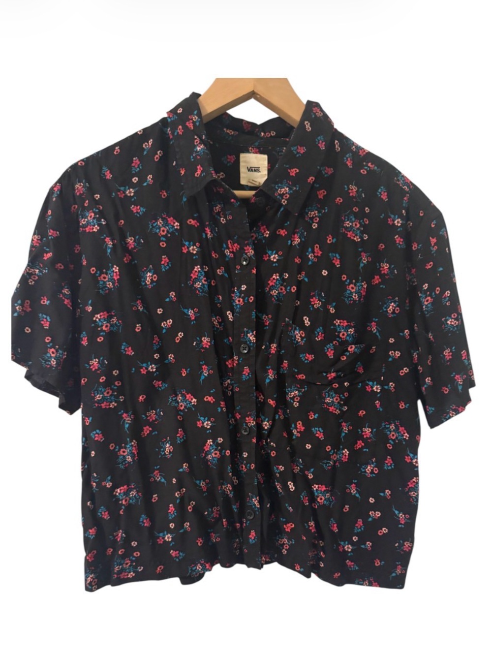 Vans Women’s Floral Button-Up Camp Shirt Black Floral Boxy Waist-Length Top L
